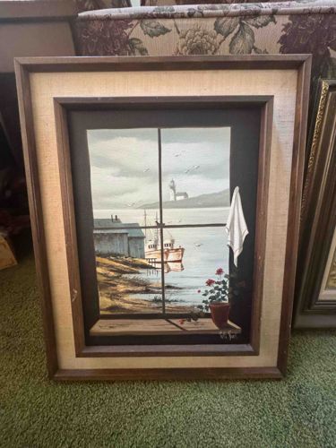 Framed Coastal Seascape Painting with Trompe L'oeil Window
