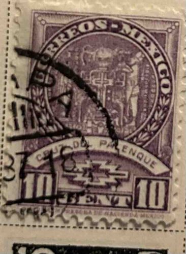 Used 1928 Mexico 10 Centavos Postal Stamp (Temple of the Cross, Palenque)