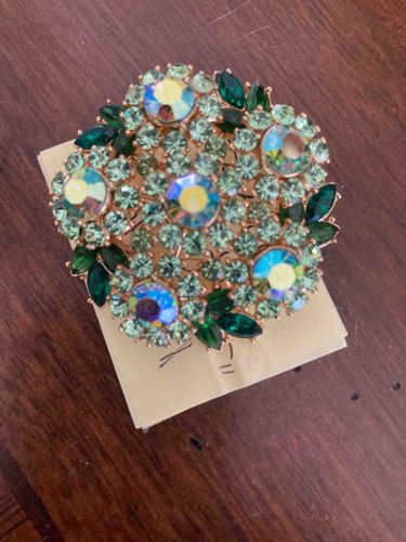 Vintage Green Rhinestone and Aurora Borealis Floral Brooch