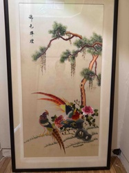 Framed Silk Embroidery of Pheasants and Pine Tree