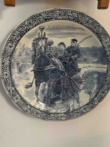 Gzhel Ceramic Decorative Plate featuring Troika Scene