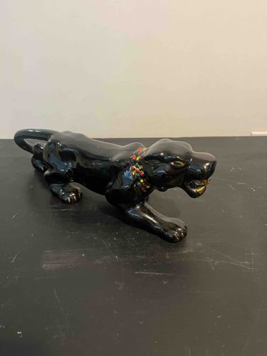 Black Glazed Ceramic Panther Figurine