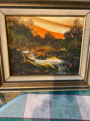Framed Sunset Landscape Oil Painting with River