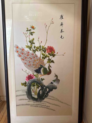 Framed Silk Embroidery of Peacocks and Peonies