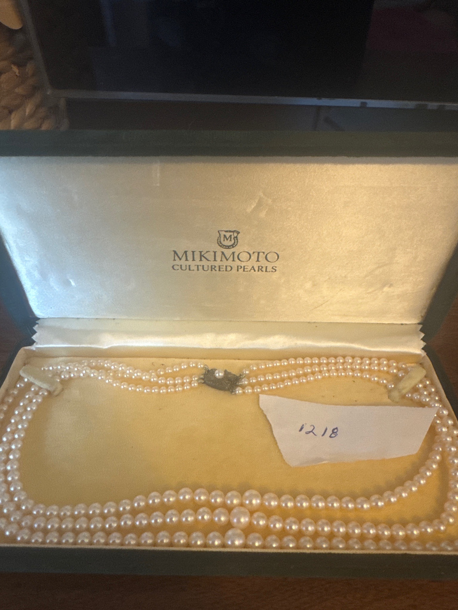 Submitted photo of Cultured pearl necklace in presentation box, appears to be Mikimoto (not authenticated)