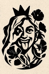 Quirky Crowned Figure with Poppies Woodcut Print