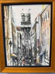 Framed Watercolor Painting of Santa Justa Lift in Lisbon