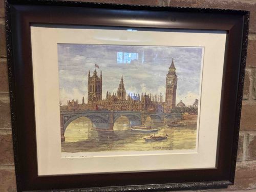 Framed Watercolor Print of the Houses of Parliament and Westminster Bridge