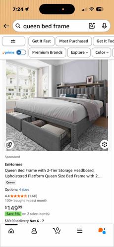Queen Bed Frame with 2-Tier Storage Headboard and Upholstered Platform