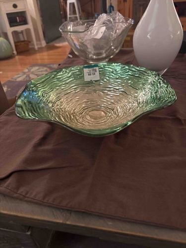 Hand-Blown Green Textured Glass Centerpiece Bowl