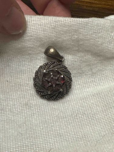Vintage Italian Silver, Ruby, and Marcasite Sunburst Pendant