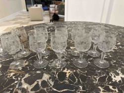 Set of 11 Etched Glass Cordial/Wine Glasses