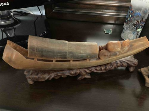 Carved Stone Model Junk Boat with Figure on Stand