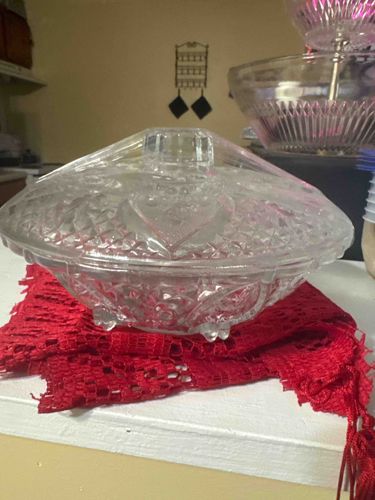 Pressed Glass Covered Candy Dish (Heart and Diamond Pattern)