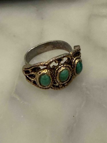 Three-Stone Filigree Ring with Turquoise Cabochons