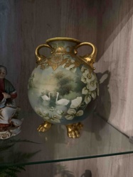 Victorian Era-Style Footed Porcelain Vase with Swan and Floral Motif
