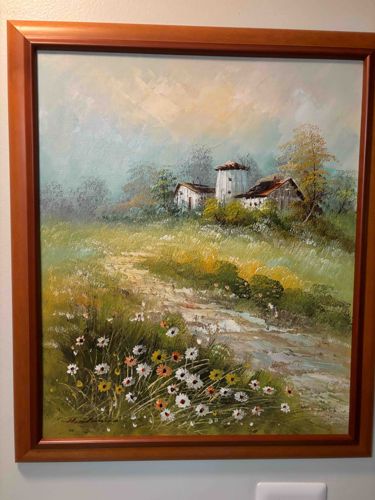 Rural Landscape Painting with Farmstead and Wildflowers