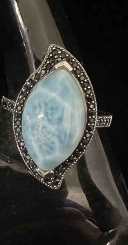 Marquise Larimar and Marcasite Oxidized Silver Ring