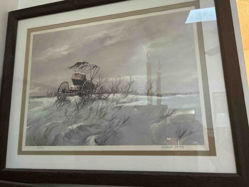 Framed Winter Landscape Print with Carriage and Industrial Silhouettes