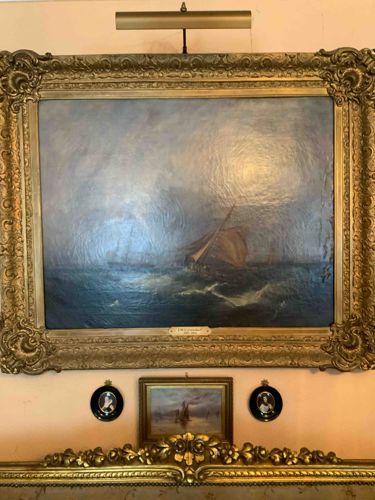 Framed Marine Seascape Oil Painting with Sailing Vessel