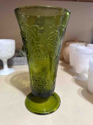 Green Glass Grape Motif Pedestal Vase