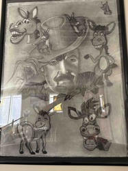 Man in Hat with Cartoon Donkeys Pencil Drawing