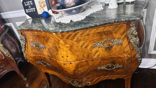 French Louis XV Style Marquetry Bombe Commode