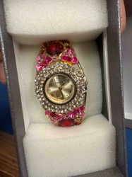 Strada Gold-Tone Cuff Watch with Red and Pink Gemstone Embellishments