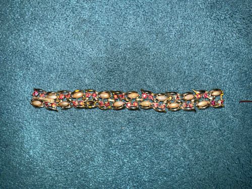 Vintage Gold Tone Link Bracelet with Faux Opals and Pink Rhinestones