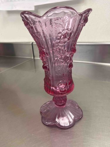 Pressed Pink Glass Rose Embossed Bud Vase