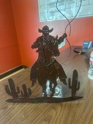 Metal Cowboy and Horse Silhouette Sculpture with Cacti