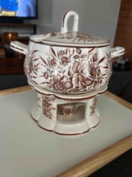 Ceramic Fondue Pot/Soup Tureen with Warmer Stand (Floral Transferware)