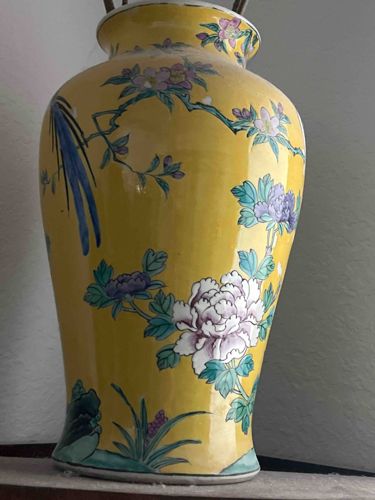 Yellow Ceramic Vase with Peony and Bird Motif