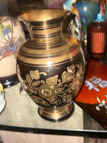 Brass and Black Lacquer Floral Etched Vase