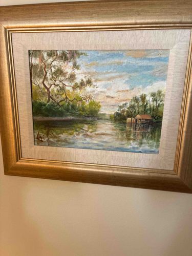 Impressionist River Landscape with Boathouse Oil Painting