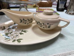Dogwood Pattern Creamer, Sugar Bowl and Divided Serving Dish Set