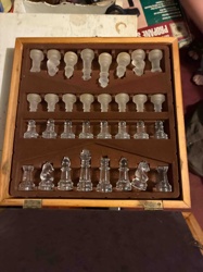 Vintage Glass Chess Set with Wooden Storage Case