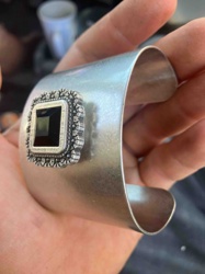 Silver-Tone Wide Cuff Bracelet with Black Square Stone & Beaded Detail