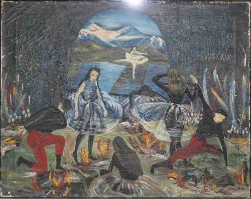 Mid-20th Century Surrealist Theatrical Performance Oil Painting