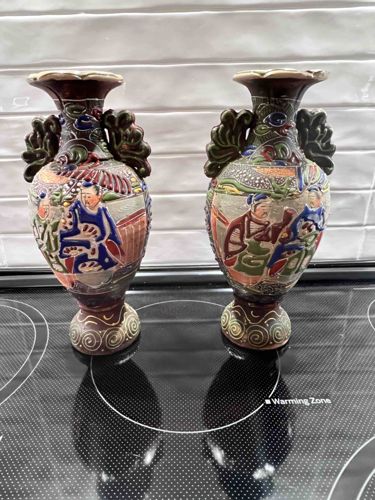 Pair of Japanese Satsuma Style Vases with Figural and Scroll Motifs