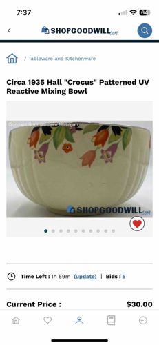 Circa 1935 Hall "Crocus" Patterned UV Reactive Mixing Bowl