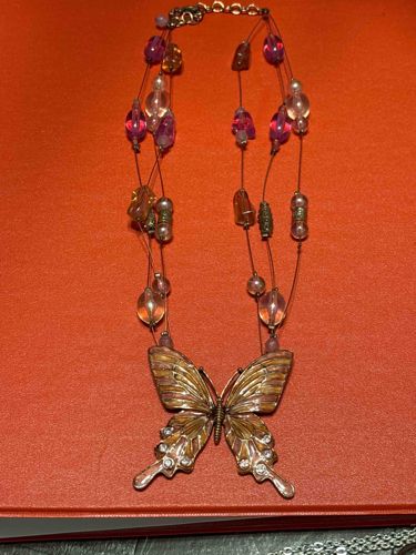Multi-Strand Beaded Butterfly Pendant Necklace