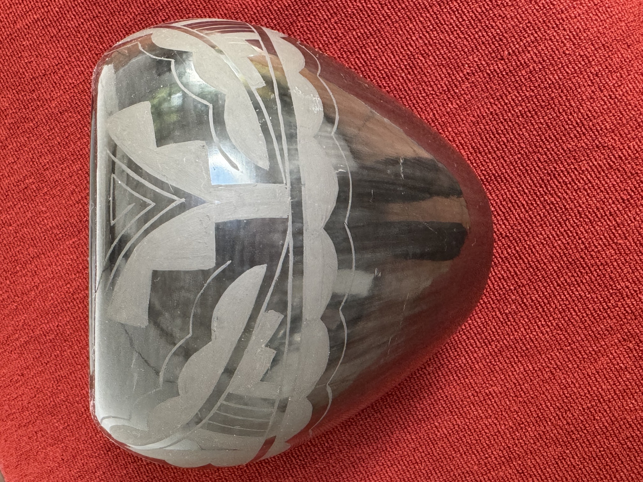Submitted photo of Etched blackware pottery vessel, attributed to Yolanda Velarde (not authenticated)