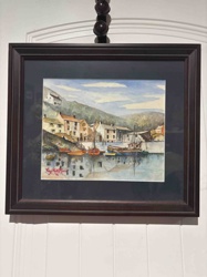 Framed Watercolor Painting of a Harbor Town