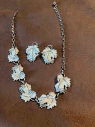 Vintage White Enamel Grape Leaf Necklace and Earring Set