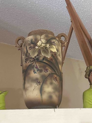 Art Nouveau Style Pottery Vase with Applied Handles and Botanical Motif