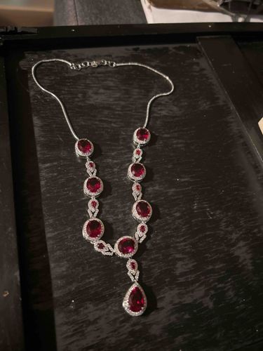Red Gemstone and Diamondette Sterling Silver Necklace