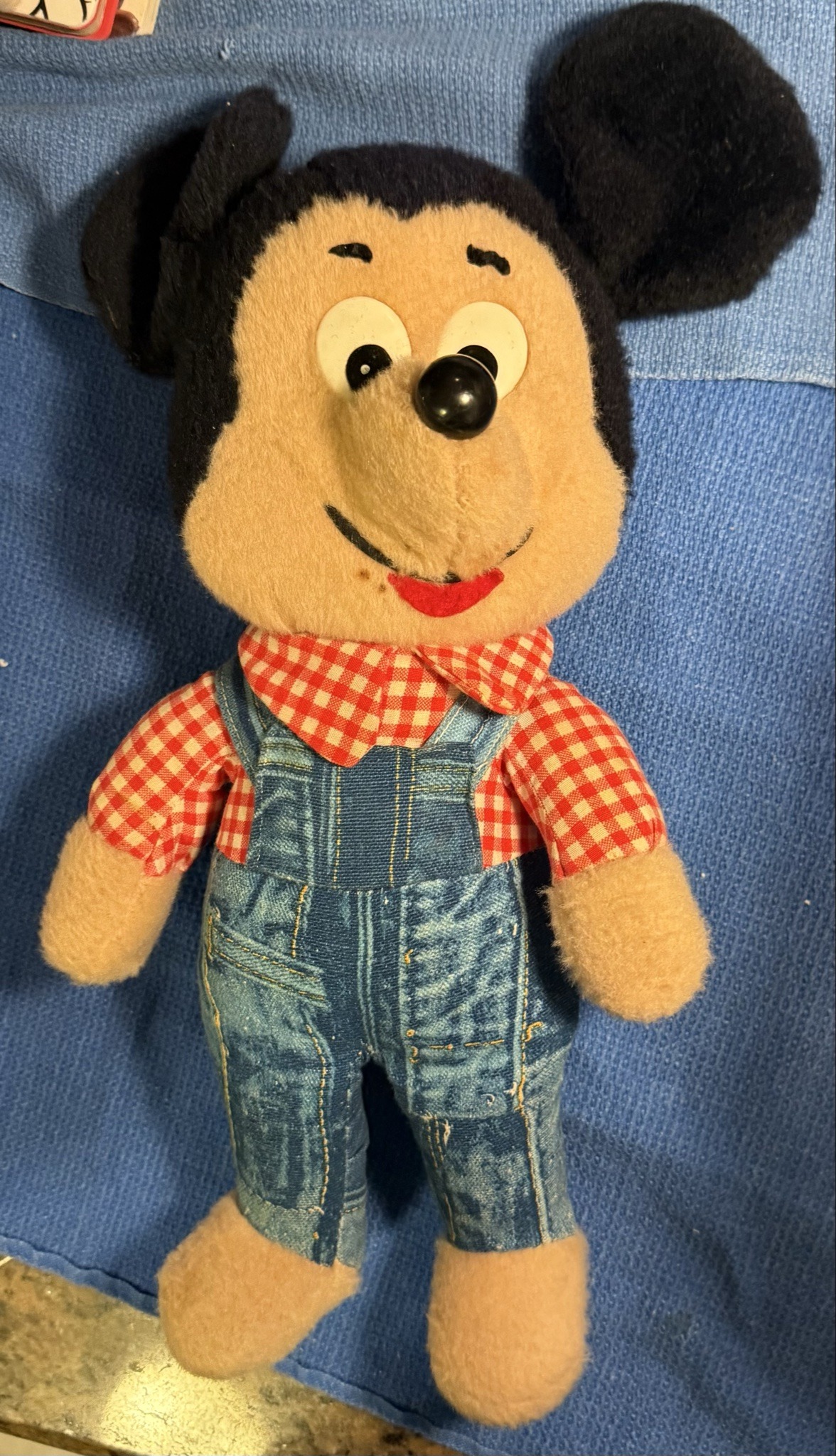 Vintage Mickey Mouse Plush in Gingham Shirt and Denim Overalls