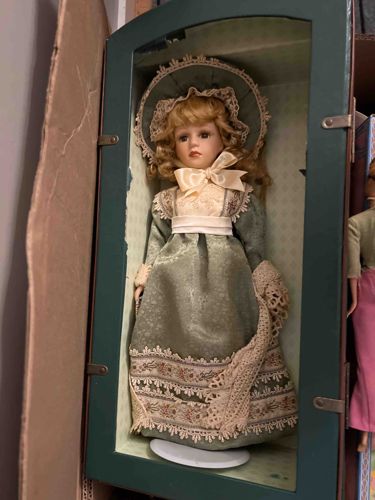 Victorian-Style Porcelain Collectible Doll in Green Gown