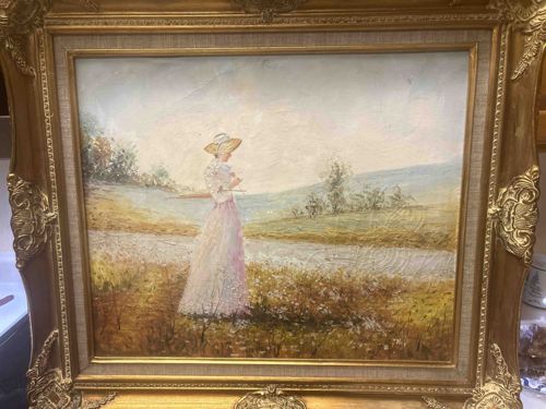 Impressionistic Painting of a Woman in a Landscape with Gilded Frame